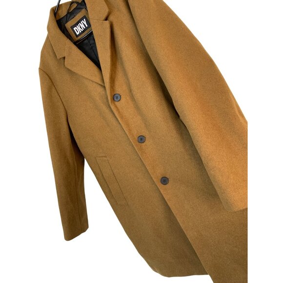 DKNY Mens Camel Overcoat Large RK10394 EUC Wool Blend Winter Lined Brown - Picture 5 of 15